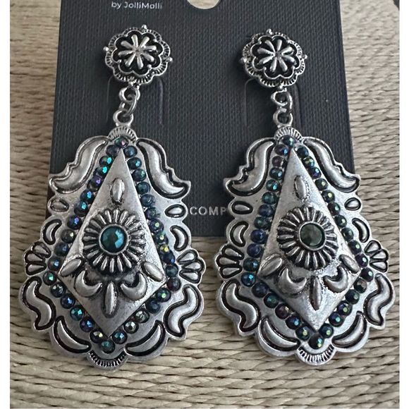 Western Jewelry - Western Earrings Iridescent Blue Silvertone Nashville Cowgirl Metal